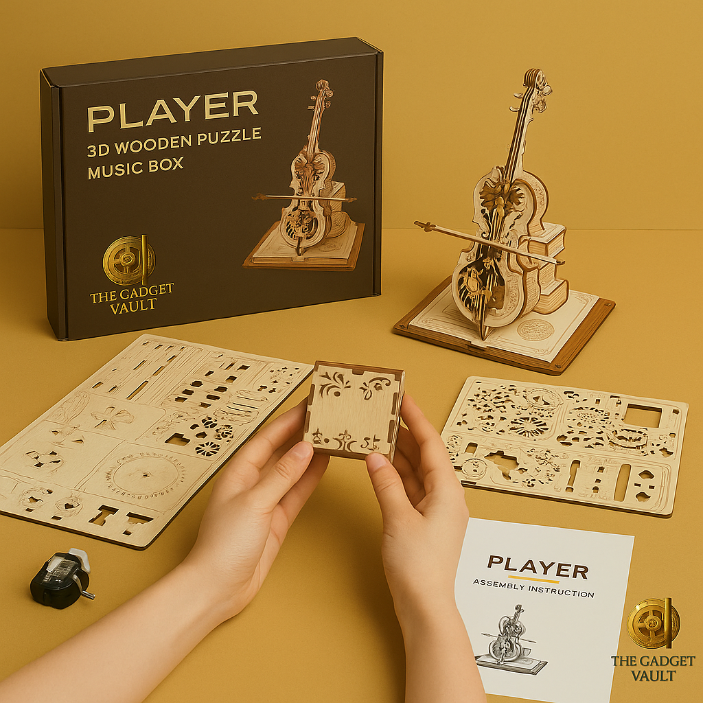 Een houten 3D-puzzelmodel van een cello op een vintage boekbasis, met fijne tandwielen en bloemdetails, geplaatst op een donkergroene tafel met een zachte, artistieke achtergrond in warme tinten.