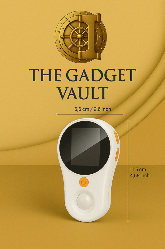 Productadvertentie van een witte draagbare digitale kindermicroscoop met LCD-scherm, oranje bedieningsknoppen en ingebouwde lens, elegant gepresenteerd op een goudkleurige achtergrond met The Gadget Vault-logo.