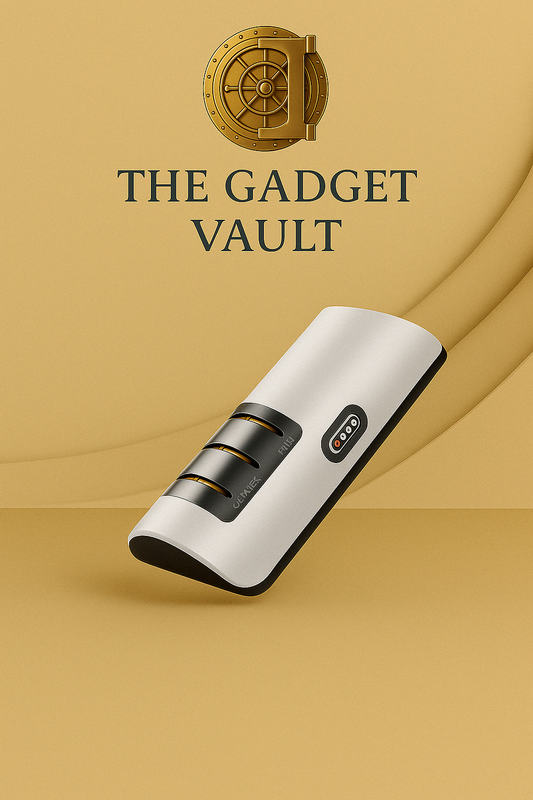 Digitale productfoto van een elektrische messenslijper in zilver-zwart design, elegant gepresenteerd op een beige achtergrond met het gouden kluislogo van The Gadget Vault centraal bovenaan.