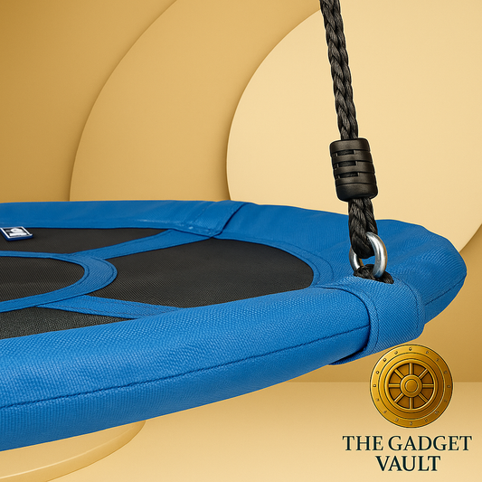 Close-up van een blauwe nestschommel met zwarte mesh zitting, stevige stiksels en een zwarte gevlochten ophangkoord met metalen ring, gepresenteerd tegen een luxe beige-gouden achtergrond met het logo van The Gadget Vault rechtsonder.