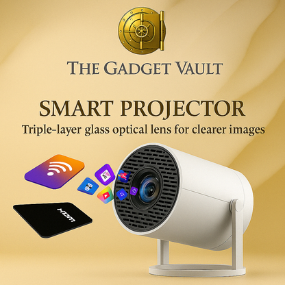 “Stijlvolle promotieafbeelding van een witte smart projector met optische lens en app-iconen, gepresenteerd op een beige-gouden achtergrond met The Gadget Vault-logo in premium designstijl.”
