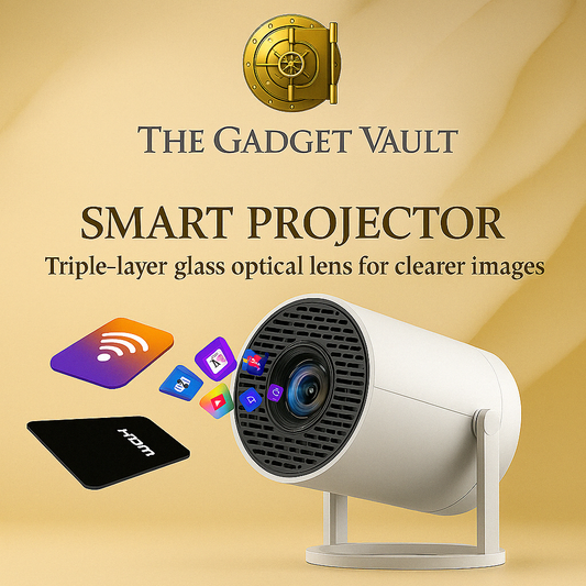 “Stijlvolle promotieafbeelding van een witte smart projector met optische lens en app-iconen, gepresenteerd op een beige-gouden achtergrond met The Gadget Vault-logo in premium designstijl.”