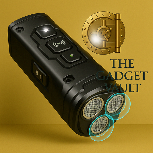 Zwarte multifunctionele draagbare speaker met ingebouwde zaklamp, weergegeven op een goudgele achtergrond met het logo van The Gadget Vault en turkooiskleurige geluidsgolven rond de drie luidsprekergrilles.