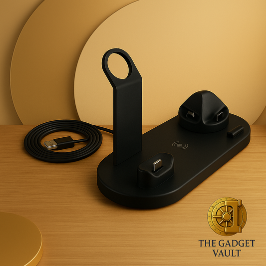 Zwart 3-in-1 draadloos oplaadstation voor smartphone, smartwatch en AirPods, gepresenteerd op een warme houten ondergrond met gouden achtergrond en luxe kluislogo van The Gadget Vault.