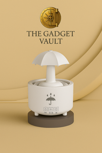 “Een witte ultrasonische luchtbevochtiger in de vorm van een paddenstoel met parapluvormig dak, elegant gepresenteerd voor The Gadget Vault”