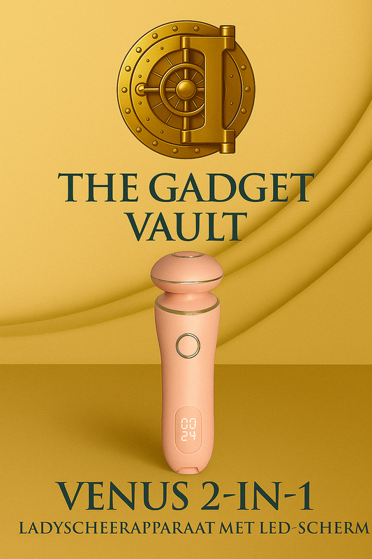 Digitale advertentie van The Gadget Vault toont de roze Venus 2-in-1 Ladyshave met LED-display, elegant gepresenteerd tegen een zachte beige achtergrond met het goudkleurige kluislogo bovenaan.