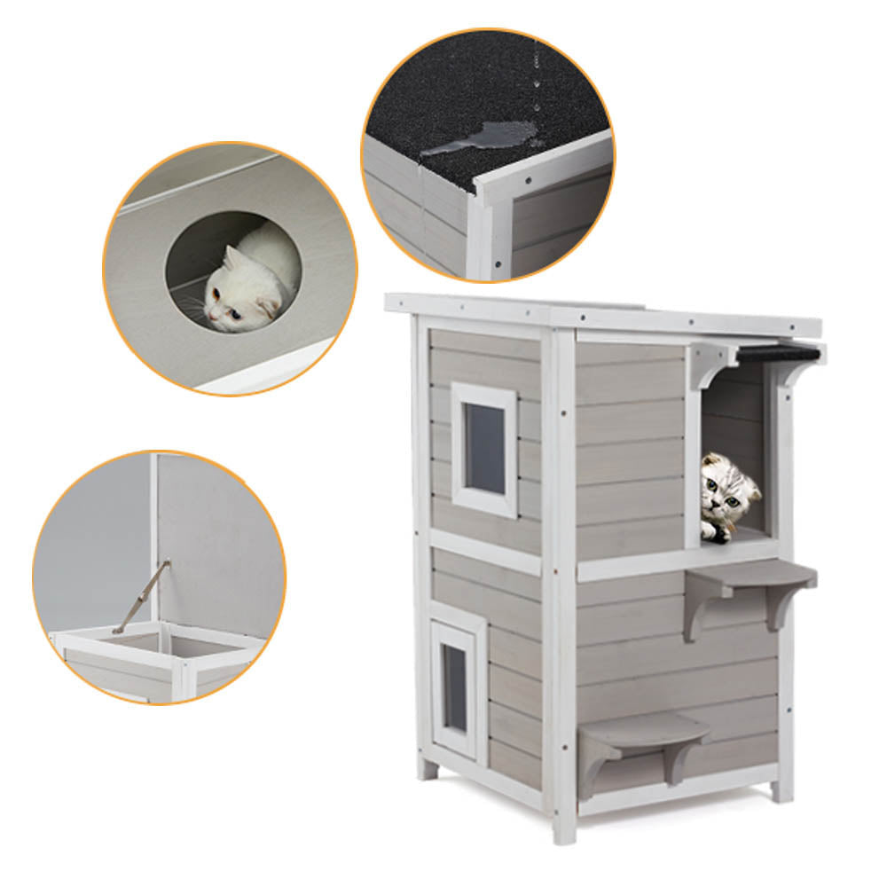 Luxe 2-verdiepingen Kattenhuis met Waterdicht Dak en Ramen