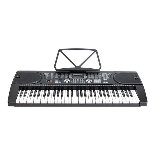 Zijaanzicht van een zwarte elektronische synthesizer met 61 toetsen, muziekstandaard en ingebouwde speakers, ideaal voor thuisgebruik en muzikale creativiteit.