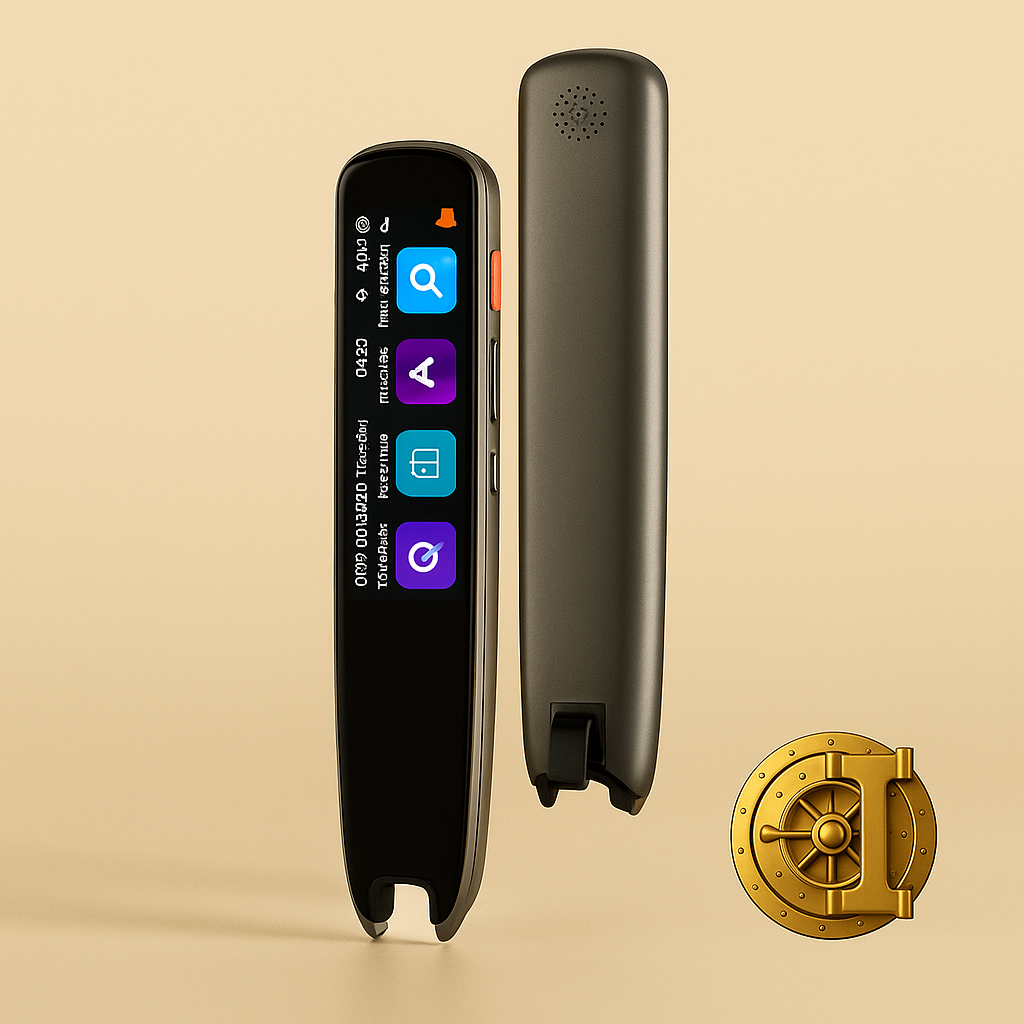 Stijlvolle visual van een digitale vertaalscanner-pen met kleurenscherm, afgebeeld in goud/beige brandingstijl met kluislogo van The Gadget Vault, op een elegante achtergrond.