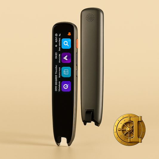 Stijlvolle visual van een digitale vertaalscanner-pen met kleurenscherm, afgebeeld in goud/beige brandingstijl met kluislogo van The Gadget Vault, op een elegante achtergrond.