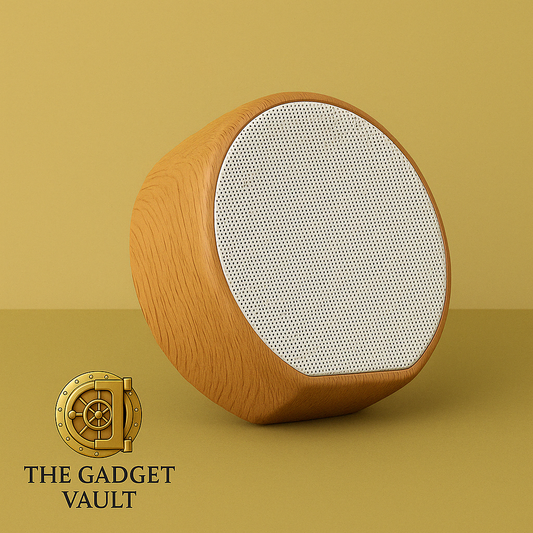 Stijlvolle compacte Bluetooth-speaker met houtlook en wit metalen rooster, subtiel gepresenteerd op een beige achtergrond met het logo van The Gadget Vault linksonder.