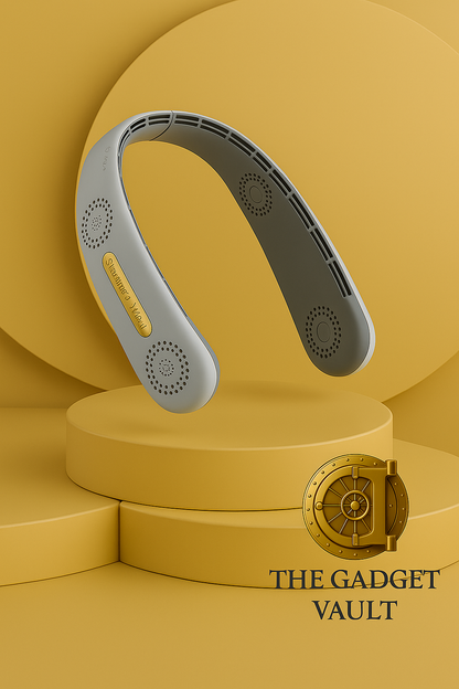 Een witte draagbare nekventilator gepresenteerd op een luxe goudkleurig podium met het logo van The Gadget Vault, tegen een zachte beige achtergrond.