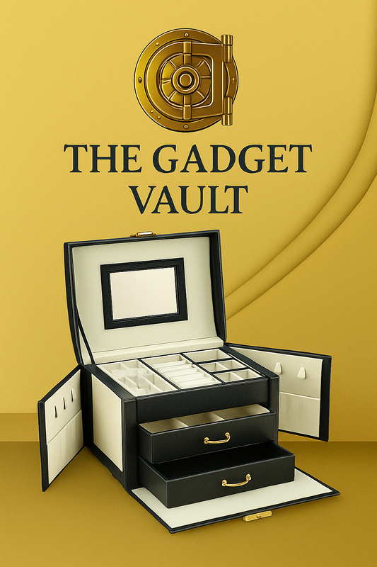 Luxe zwarte lederen sieradendoos met spiegel en goudkleurige handgrepen, elegant gepresenteerd op een goudgele achtergrond met The Gadget Vault-logo erboven.