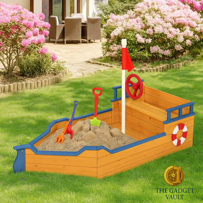 Houten zandbak in de vorm van een piratenschip met rode vlag, stuurwiel en kleurrijk speelgoed, geplaatst op een groene tuin met bloeiende bloemen – luxe presentatie met The Gadget Vault-logo rechtsonder.