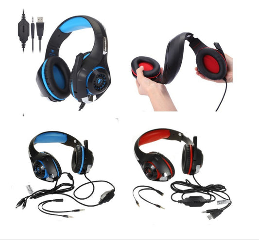 Vier foto’s van Beexcellent GM-1 gaming headsets in rood en blauw, met close-up van oorkussens en bekabelde aansluitingen.