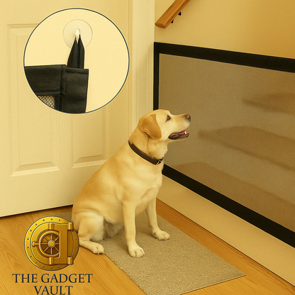 Een lichtbruine Labrador zit rustig voor een transparant veiligheidsnet dat tussen een deur en een trap is gespannen. Het net is met een zuignap bevestigd aan de deur. Linksonder is subtiel het logo van The Gadget Vault zichtbaar.