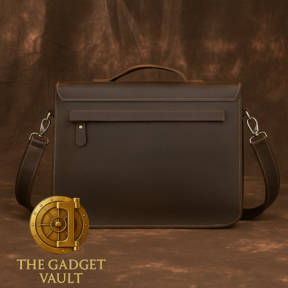 Donkerbruine lederen aktetas van Crazy Horse-leer met verstelbare schouderriem en achterzak met flap, gepresenteerd tegen een luxe bruin textieldecor. Het kluislogo van The Gadget Vault staat subtiel linksonder.
