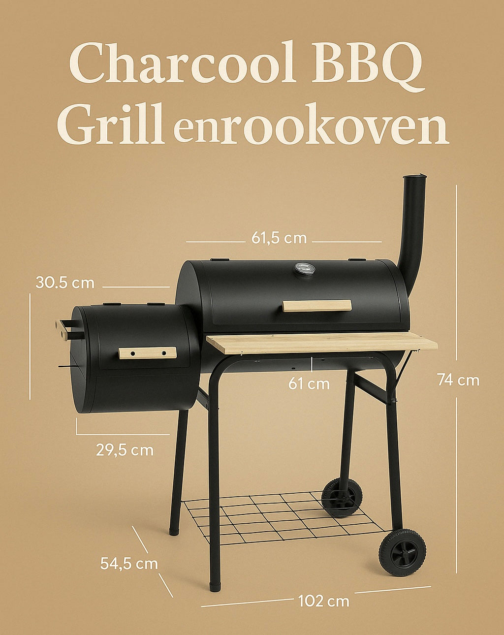 Zijaanzicht van een zwarte 2-in-1 houtskool BBQ en smoker met afmetingen in centimeters, inclusief houten werkblad en metalen opbergrek onderaan.