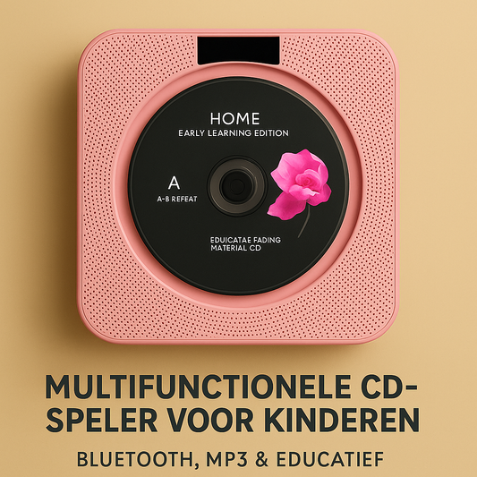 Vierkante roze CD-speler met open disc-lade en ingebouwde luidsprekers, geschikt voor kinderen en thuisgebruik, zonder zichtbare merktekens of tekst.