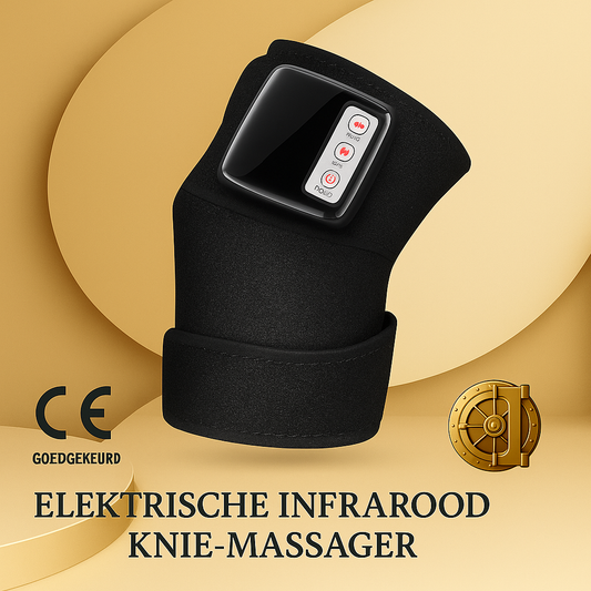 Zwarte elektrische infrarood knie-massager met geïntegreerd bedieningspaneel, weergegeven tegen een warme beige achtergrond met gouden accenten. Onderaan zichtbaar: het CE-logo met de tekst ‘Goedgekeurd’ en het logo van The Gadget Vault.