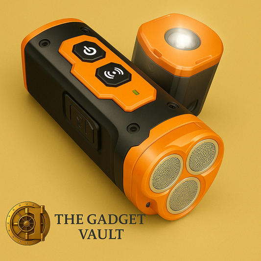 Digitale productfoto van een draagbare, oranje-zwarte multifunctionele speaker met ingebouwde zaklamp en driedubbele luidsprekerroosters, ideaal voor outdoor gebruik.