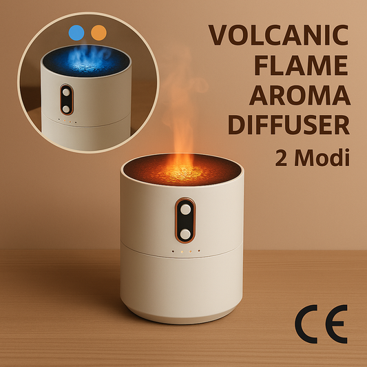 Digitale afbeelding van een witte Volcanic Flame luchtbevochtiger met twee dampstanden (blauw en oranje), ontworpen voor aromatherapie en sfeervolle verlichting, geplaatst op een houten ondergrond.