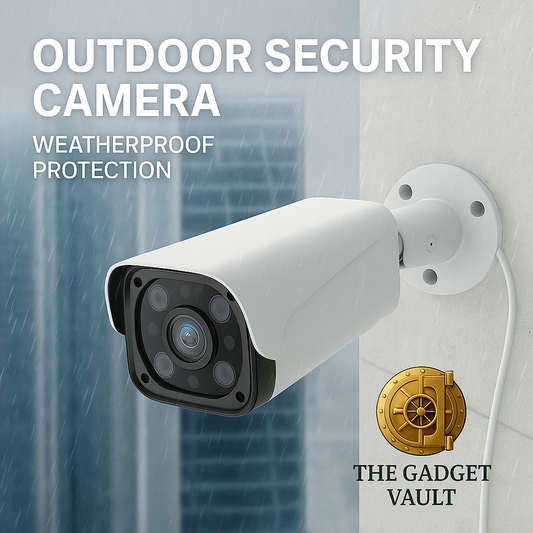 Digitale promotieafbeelding van een bekabeld AHD-camerasysteem met vier witte beveiligingscamera’s, een zwarte recorder en vier kabelsets, gepresenteerd tegen een goudkleurige achtergrond met het logo van The Gadget Vault rechtsonder. Tekst in beeld: “BEKABELD AHD CAMERASYSTEEM”.