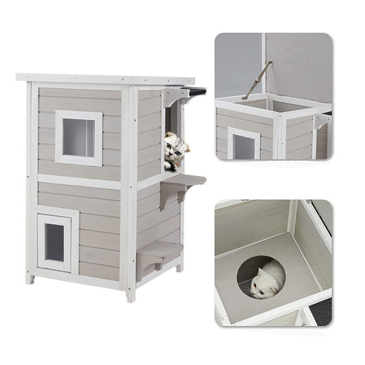 Luxe 2-verdiepingen Kattenhuis met Waterdicht Dak en Ramen