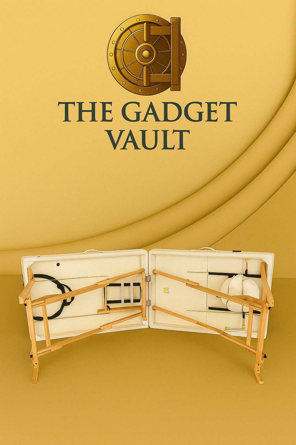 Ingeklaarde onderzijde van de 3-zone opvouwbare massagebank met zicht op het slimme opbergsysteem voor accessoires, houten frame en leren bekleding – The Gadget Vault stijl.