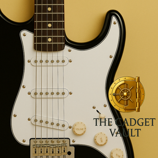 Close-up visual van een zwarte elektrische gitaar met witte elementen en gouden details, elegant gepresenteerd met het logo van The Gadget Vault op een goudgele achtergrond.
