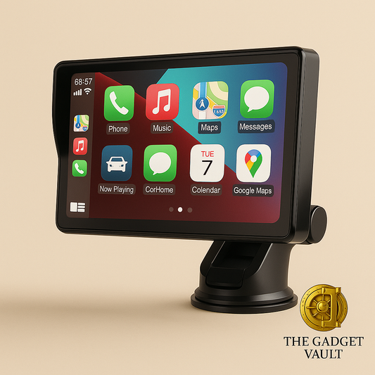 Draadloos CarPlay en Android Auto display op een zwarte standaard, gepresenteerd op een beige achtergrond met het gouden logo van The Gadget Vault rechtsonder.