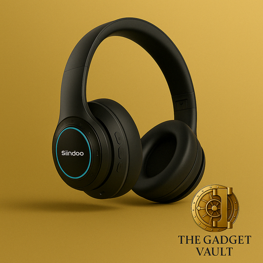 Digitale productvisual van Awei over-ear draadloze Bluetooth-koptelefoon met blauwe LED-accentverlichting, comfortabele oorkussens en zijbediening, gepresenteerd in luxe stijl met The Gadget Vault-branding.