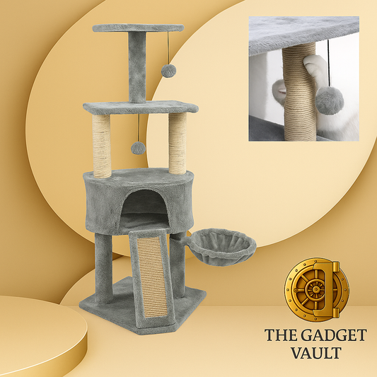 Grijze kattenklimtoren met meerdere niveaus, inclusief krabpalen met sisal touw, een rustmand, speeltouwtjes met pluche balletjes en een kattenhuisje, ontworpen voor speel- en rustmomenten voor katten.