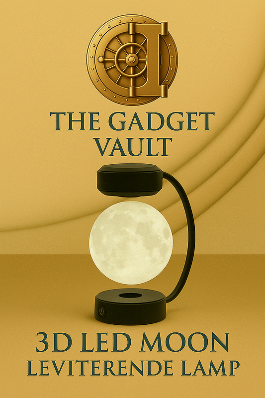 Stijlvolle digitale visualisatie van een luxe 3D LED maanlamp met draadloze magnetische zweeffunctie op zwarte standaard, perfect voor modern interieur of kantoor, afgebeeld in goud/beige brandingstijl van The Gadget Vault.