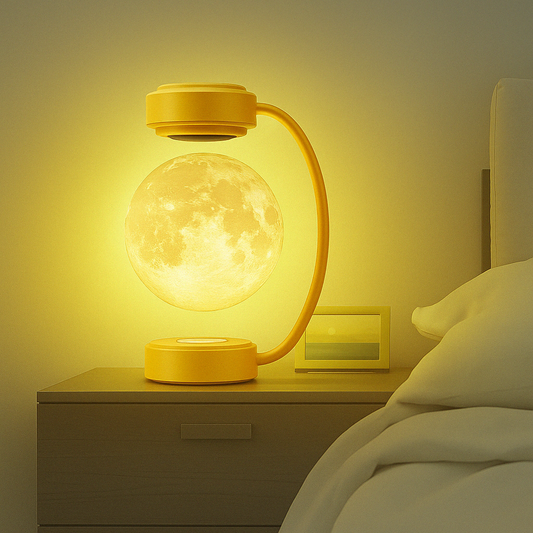 Een stijlvolle 3D LED maanlamp in gouden houder zweeft magnetisch boven een nachtkastje, met warm licht dat een moderne slaapkamer verlicht – perfect als nachtlamp of decoratief cadeau.