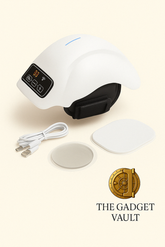 Draadloze knie massager met bijbehorende onderdelen, inclusief oplaadkabel, gel pads en handleiding – gepresenteerd zonder verpakking, in een witte luxe uitvoering.