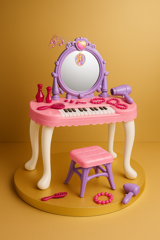 AI-gegenereerde visual van een roze en paarse 2-in-1 kindertafel met piano en spiegel, inclusief accessoires, gepresenteerd op een luxe goudkleurige achtergrond met een meisje in prinsessenjurk.