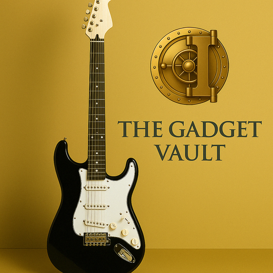 Luxe visual van een zwarte elektrische gitaar met witte details, stijlvol gepresenteerd tegen een goudgele achtergrond met het logo van The Gadget Vault.