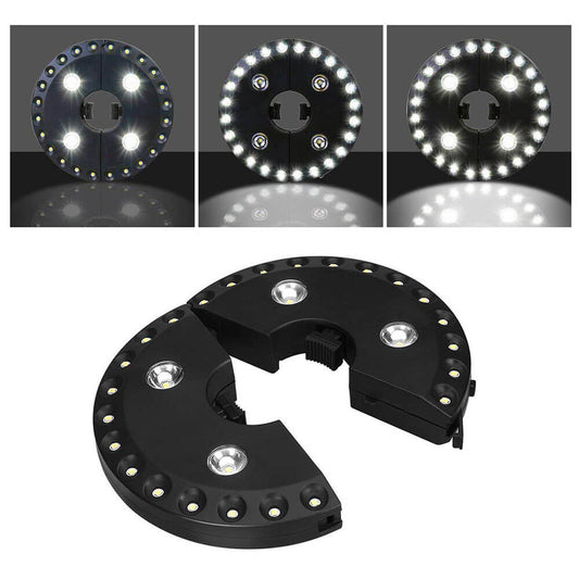 Vergelijking van de drie verlichtingsstanden van de LED-parasollamp met 28 leds, in halve en gesloten vorm – moderne sfeeroplossing.