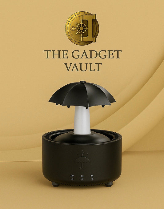 Zwarte aromatherapie-luchtbevochtiger in de vorm van een paraplu op witte achtergrond, met elegante bedieningselementen onderaan. Luxe design voor thuis of kantoor.