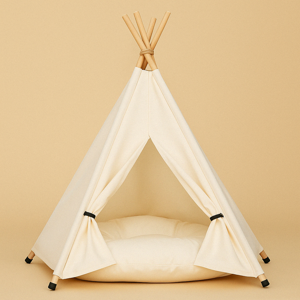 Afbeelding van een stijlvolle tipi-vormige hondenmand in maat S, gemaakt van canvas en houten stokken, met een zacht kussen binnenin — perfect voor kleine huisdieren die graag knus en geborgen liggen.