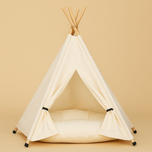 Afbeelding van een stijlvolle tipi-vormige hondenmand in maat S, gemaakt van canvas en houten stokken, met een zacht kussen binnenin — perfect voor kleine huisdieren die graag knus en geborgen liggen.