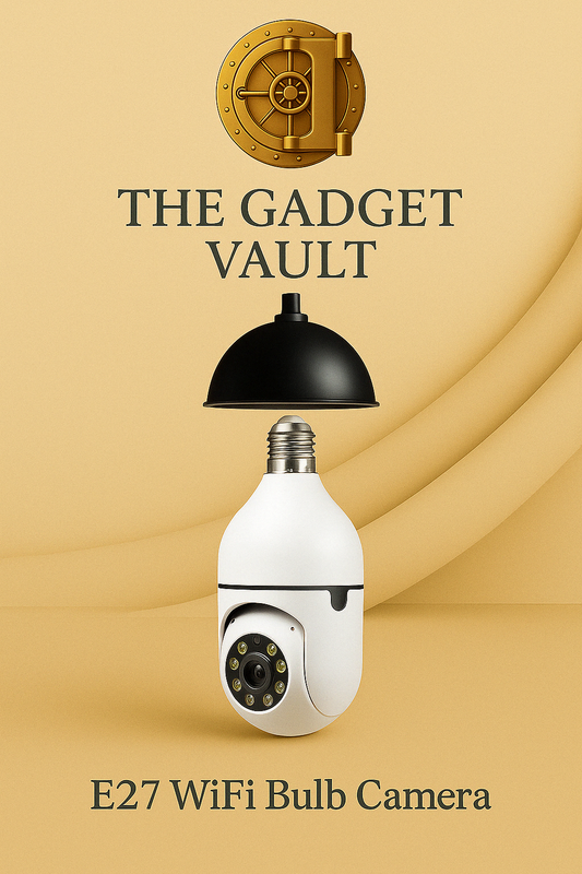 Luxe productvisual van de E27 WiFi Beveiligingscamera met pan/tilt-functie en nachtzicht, afgebeeld in witte bolvormige uitvoering op een elegante beige achtergrond met The Gadget Vault-logo.