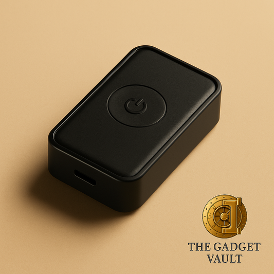 Zwarte compacte GPS-tracker met afgeronde hoeken en centraal een ingedrukt power-symbool, gepresenteerd op een zachte beige achtergrond met rechtsonder het gouden logo van The Gadget Vault.