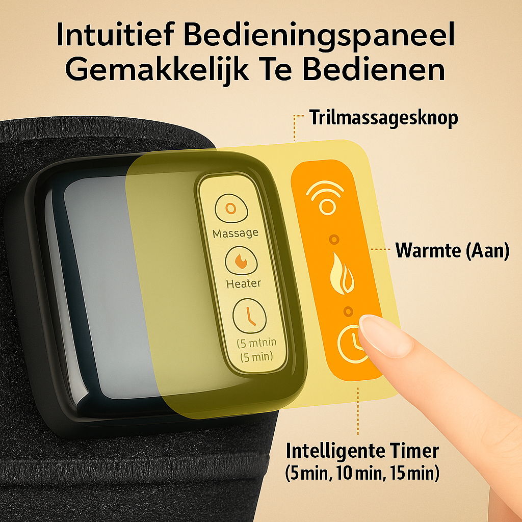 Close-up van het bedieningspaneel van een elektrische knie-massager, met Nederlandse aanduidingen voor trilmassage, warmte en timer. Een vinger wijst naar de timerknop, tegen een warme beige achtergrond met grafische accenten.