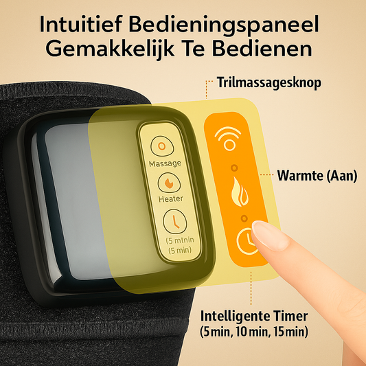 Close-up van het bedieningspaneel van een elektrische knie-massager, met Nederlandse aanduidingen voor trilmassage, warmte en timer. Een vinger wijst naar de timerknop, tegen een warme beige achtergrond met grafische accenten.
