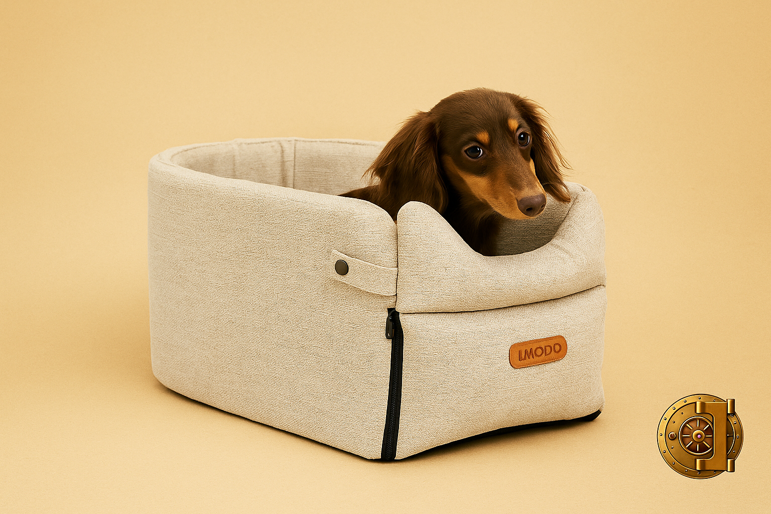 Kleine bruine langharige hond in beige hondenautostoel met origineel label ‘LMODO’, op warme achtergrond met subtiel goud kluislogo van The Gadget Vault rechtsonder.
