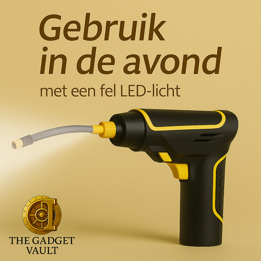 Digitale visual van een automatische draagbare luchtcompressor met LED-licht, geschikt voor gebruik in het donker. De afbeelding toont een zwart-geel apparaat met een slang die licht uitstraalt, en een subtiel logo van The Gadget Vault linksonder op een beige achtergrond.