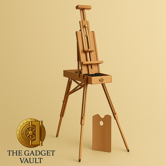 Opvouwbare houten schilderezel met uitneembaar palet, gepresenteerd tegen een beige achtergrond met het logo van The Gadget Vault linksonder.