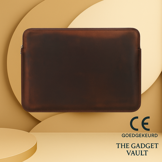 Luxe lederen laptopsleeve in donkerbruine retrostijl met rits aan de zijkant, gepresenteerd tegen een beige achtergrond met goudaccenten, inclusief The Gadget Vault logo rechtsonder.